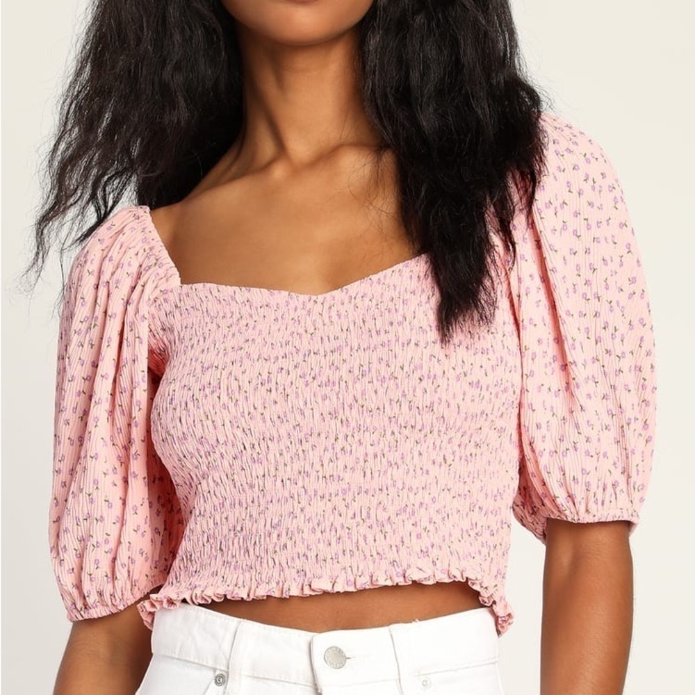 LULU’S Pick Me Always Light Pink Floral Print Smocked Puff Sleeve Top